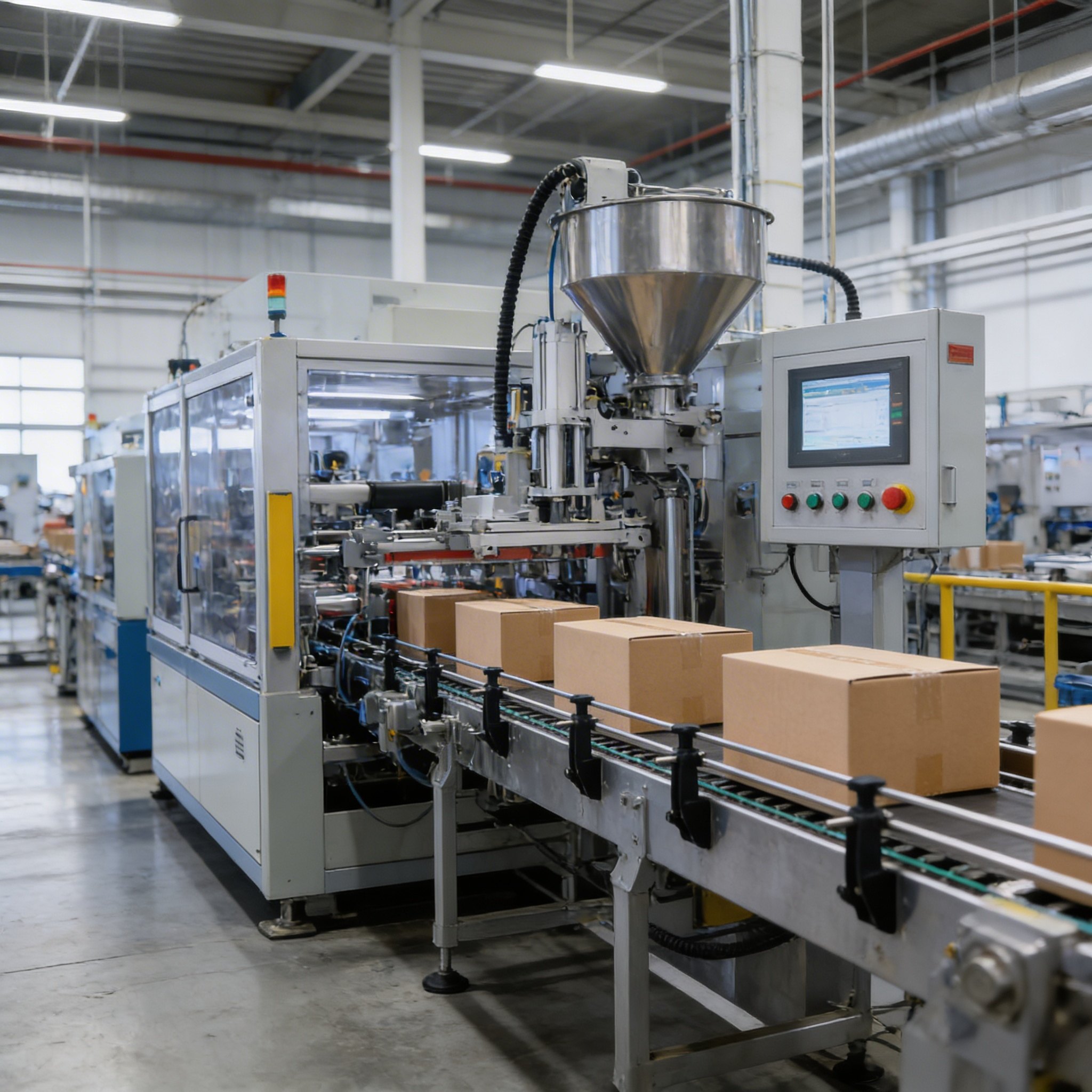 high-tech packaging production line, automated machinery, modern factory interior, professional industrial photography